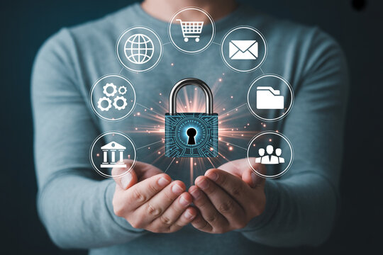 Internet security and data protection concept with padlock and icons for online safety measures