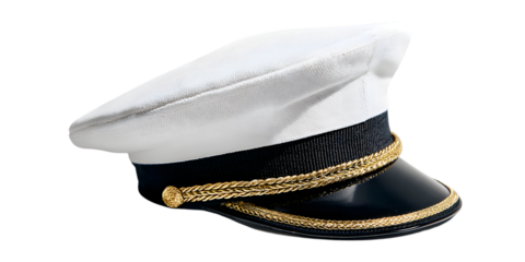 White Captain's Hat with Gold Trim on Black uniform