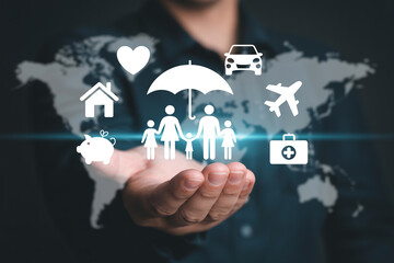 Insurance coverage concept showing family home car travel health life savings and financial planning protection
