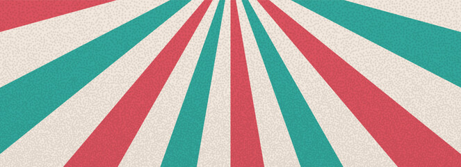 Groovy red and green circus pinwheel with grainy noise texture. Retro starburst background. Sun rays abstract illustration. Vector carnival decoration. Radial stripes vintage backdrop.
