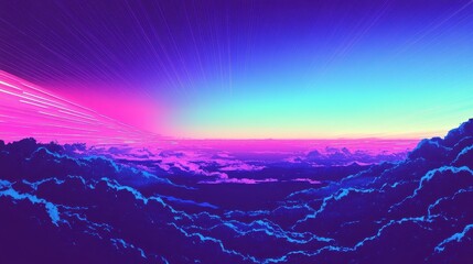 Vibrant Neon Sky Over Abstract Cloudscape with Dynamic Light Trails.