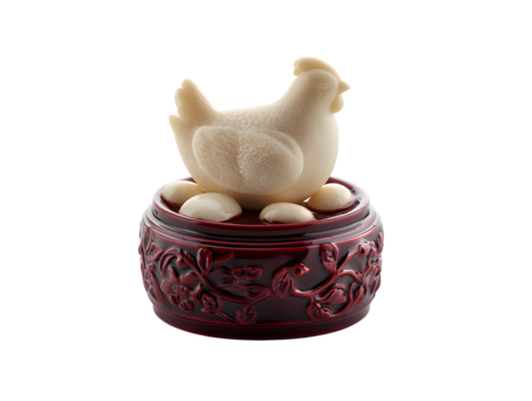 White hen figurine on red ceramic bowl with eggs chicken