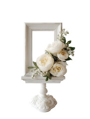 White Roses Overflowing Ornate White Frame on Pedestal