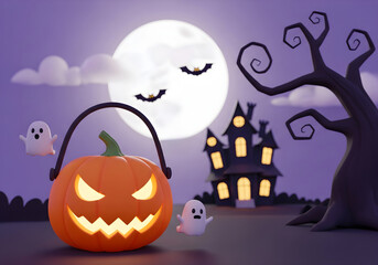 Fototapeta premium Glowing jack o lantern pumpkin with ghosts bats and haunted house in 3d cute style. Design template for Halloween party invitations spooky night promotions and festive designs with copyspace.