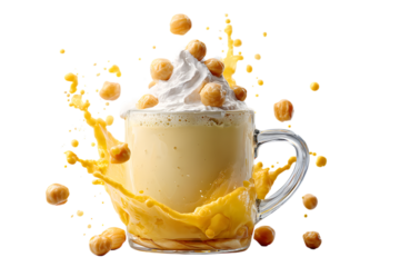 Yellow Drink Splash with Whipped Cream and Nuts beverage