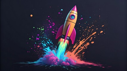 Fototapeta premium A vibrant, neon-colored startup rocket mid-flight, with splashes of paint exploding.
