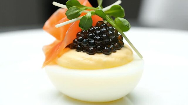 A delectable deviled egg topped with rich black caviar, a slice of smoked salmon, and fresh microgreens, presented as an elegant appetizer