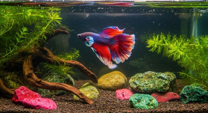 A colorful betta fish swims in a planted aquarium with driftwood and rocks
