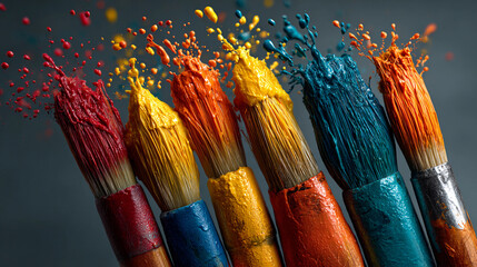 Fototapeta premium Colorful paintbrushes with vibrant paint splashes against a dark background.