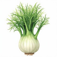 Vibrant botanical illustration of a fresh fennel bulb with feathery fronds, ideal for food packaging and natural wellness branding.