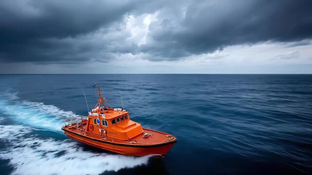An orange rescue boat speeds across a dark blue sea beneath stormy clouds.