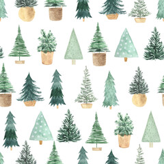 Seamless pattern with green scandinavian Christmas Tree. Decorative background with hand painted evergreen fores trees. Winter holiday design perfect for wallpaper and scrapbooking