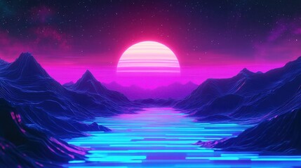 Vibrant Synthwave Horizon with Mountains and Neon Lake.