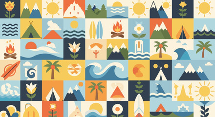 Colorful mosaic of stylized nature icons celebrating outdoor adventures and summer landscapes © Barokah
