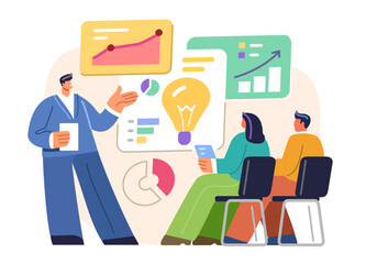 Business meeting presentation, teamwork, office work. Discussion of development strategy, financial investment