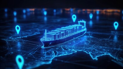A futuristic holographic representation of a cargo ship navigating a digital map with location markers.
