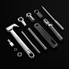 Set of Metal Tools on Black Surface Featuring Wrenches, Bolts, Screws, and Screwdrivers for DIY Projects and Maintenance Tasks