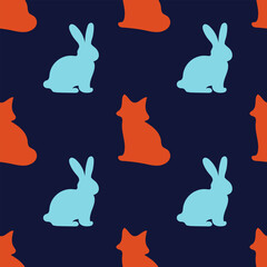 Seamless repeating pattern with silhouettes of a blue rabbit and an orange fox on a dark blue background for fabric design, wallpaper, packaging