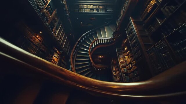 Library with spiral staircase and bookshelves filled with books
