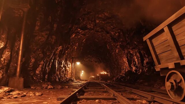 Deep underground cavern with an abandoned railroad and a lone mine cart, the dark rocky passage illuminated by distant fiery lights and smoldering embers
