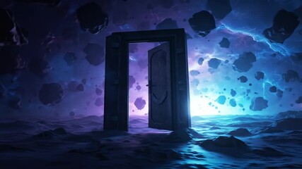 Mysterious portal opens into abstract cosmic space with floating objects - Powered by Adobe