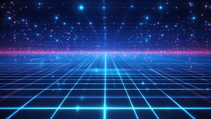 A mesmerizing digital landscape featuring a glowing grid and vibrant starry background, evoking a futuristic, cybernetic realm.