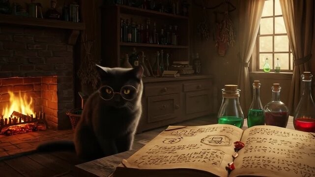 Mysterious scene of a room with a cat and magical potion bottles