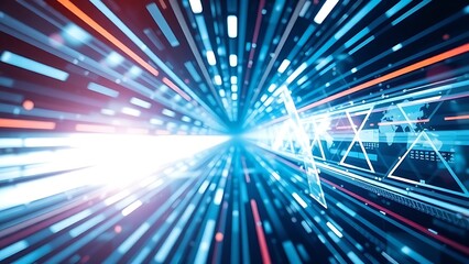 Abstract geometric patterns and light trails in modern tech aesthetic.