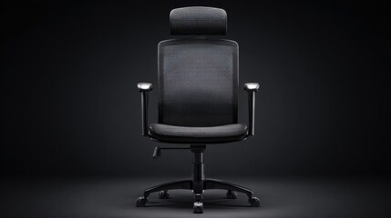Fototapeta premium Modern Ergonomic Office Chair on Dark Background, Ideal for Home and Corporate Workspace Setup