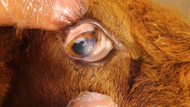 Veterinarian performing precise subconjunctival injection on a sheep&rsquo;s eye affected by corneal fibrovascular granuloma (pannus / superficial keratitis). Full recovery in 2 months. Veterinary medicine.