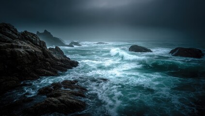 Dramatic coastal landscape with rocky shores, crashing waves, and a stormy, overcast sky