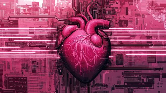 Stylized heart with digital background in shades of pink and red