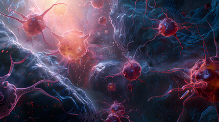 A glowing 3D illustration of cancer cell division