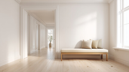 Fototapeta premium Minimalist white room and hallway with a modern bench and light wood flooring
