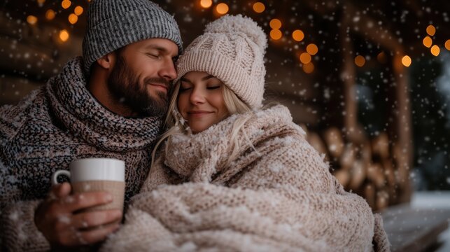 Happy couple hugging outdoors on a cozy winter evening, wrapped in warm blankets, enjoying hot coffee under snowfall. Romantic moment symbolizing love and Valentine’s Day warmth - Powered by Adobe