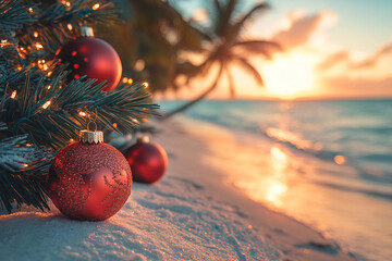 Beautiful christmas decorations and tropical beach view ai generative