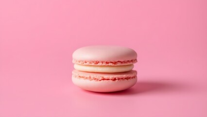 A single pink macaron centered on a soft pink background, highlighting its delicate texture.