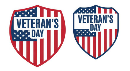 Two shield badges honoring veterans day with american flag design elements isolated on transparent background