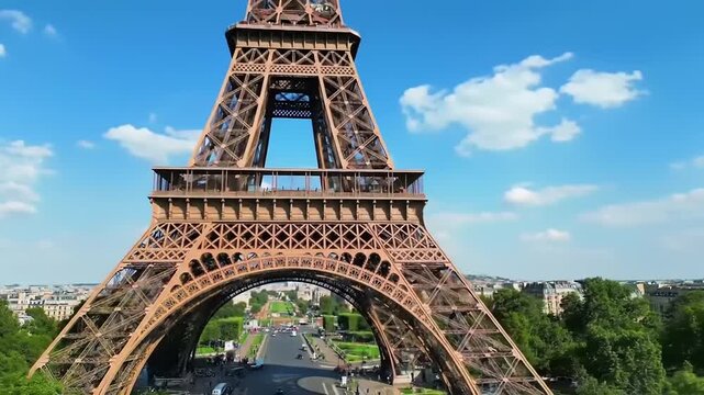 Eiffel Tower in Paris France under a beautiful blue sky.
