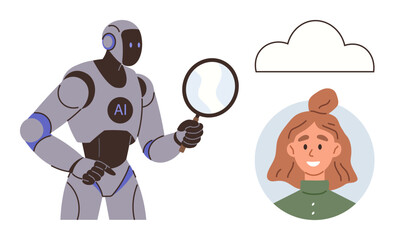Robot with magnifying glass studies a human profile under cloud. Ideal for AI, data analysis, cloud computing, user profiling, technology, cybersecurity, innovation metaphor. Simple flat metaphor