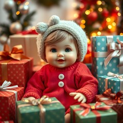 Poupée ancienne vêtue de laine assise au mileiu de paquets-cadeaux de Noël. Generated Image. 