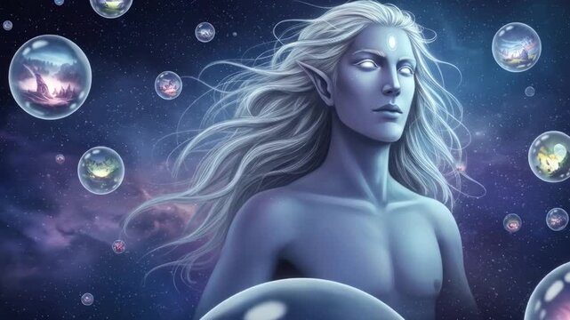 Mystical figure surrounded by glowing orbs in a cosmic ethereal scene