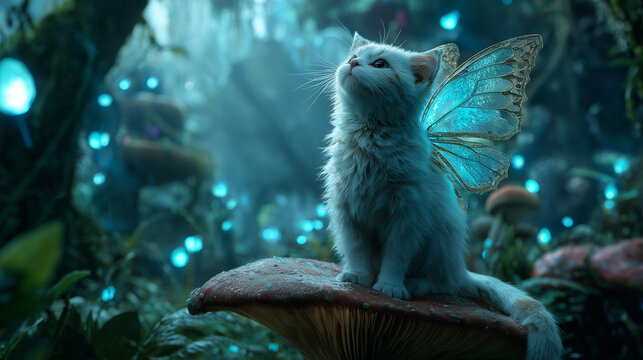 surreal kitten with glowing blue fairy wings sitting on a magical forest mushroom