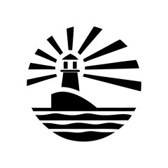 Minimal black and white lighthouse on hill with wavy waters and sun rays, suitable for nautical branding, maritime navigation and coastal landscape graphics