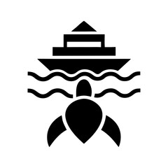 Black silhouette sea turtle swimming under large ship, suitable for marine conservation themes, ocean wildlife protection and maritime impact awareness projects