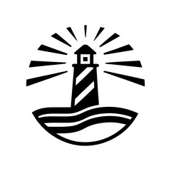 Black and white lighthouse icon with light beams over stylized waves, suitable for sea navigation, coastal safety and marine business branding