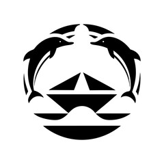 Black and white vector of two dolphins jumping around sailing boat at sunset, suitable for nautical logos, marine tourism and sea themed branding projects