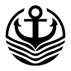Minimalist black and white vector of anchor above ocean waves inside circular frame, suitable for nautical logo, marine branding or sailing club emblem with clean lines