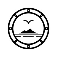 Circular vector design showing porthole view with seagull, island and sea, suitable for nautical branding, marine travel promotions or seafaring business identity