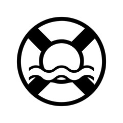 Black and white lifebuoy with ocean waves inside, suitable for maritime safety, rescue service branding or emergency preparedness symbol in nautical context